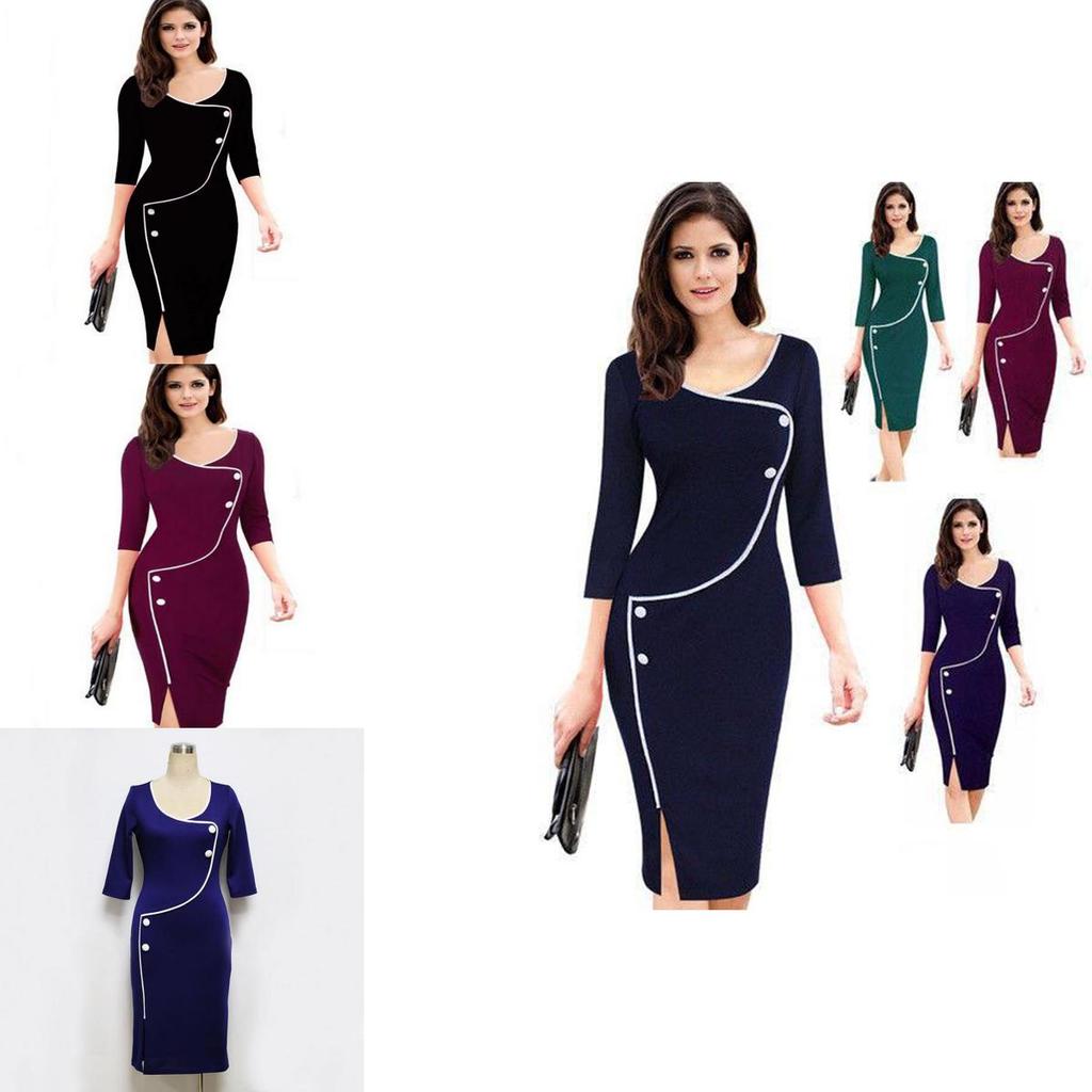 Elegant Womens Vintage Brief Split Bottom Dress With Timeless Deep O-neck Design