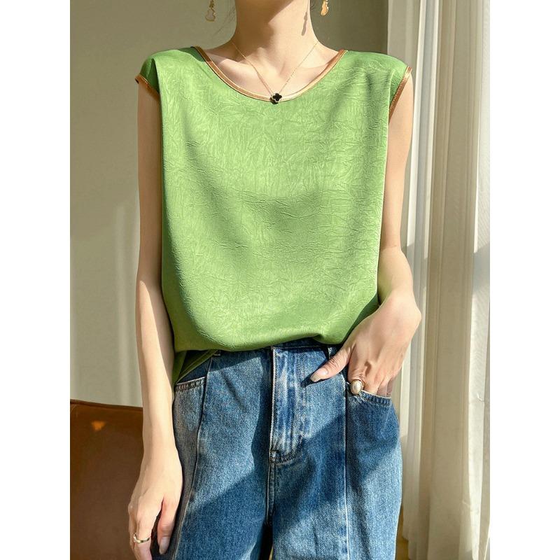 High-end Summer Style Round Neck Gold-edged Contrasting Suspender for Women Niche T-shirt for Women for Women Silky Satin Wide Shoulder Strap Vest
