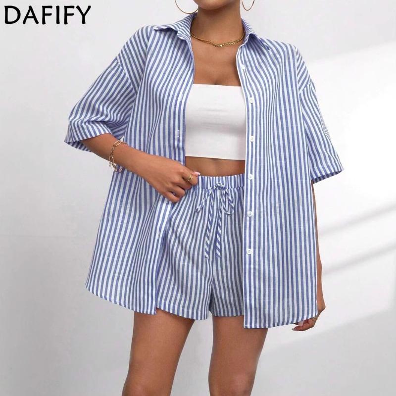 DAFIFY Women's Fashion Casual Summer Spring Stripe Print Short Sleeve POLO Neck Trousers Pants Suits