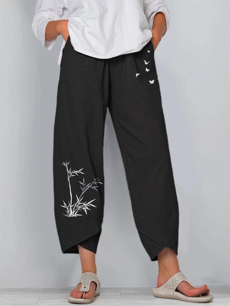 European & American Summer Casual Loose Cotton Linen Butterfly Print Wide-Leg Pants for Women 3199