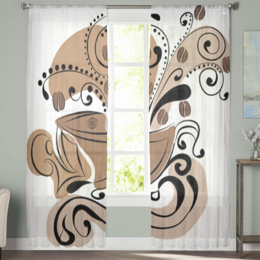 Cup Of Coffee Abstraction Tulle Curtains For Living Room Bedroom Christmas Chiffon Sheer Voile Kitchen Curtain