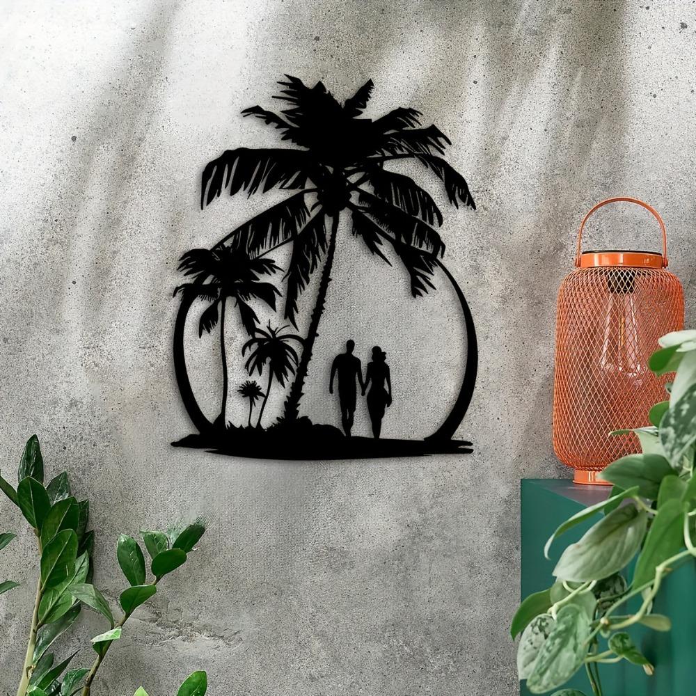 Palm Tree Beach Couple Laser Cut Metal Wall Art, 12.5x15.7 Inch Iron Hanging for Living Room Bedroom Home Decor, Tropical Farmhouse Ornament