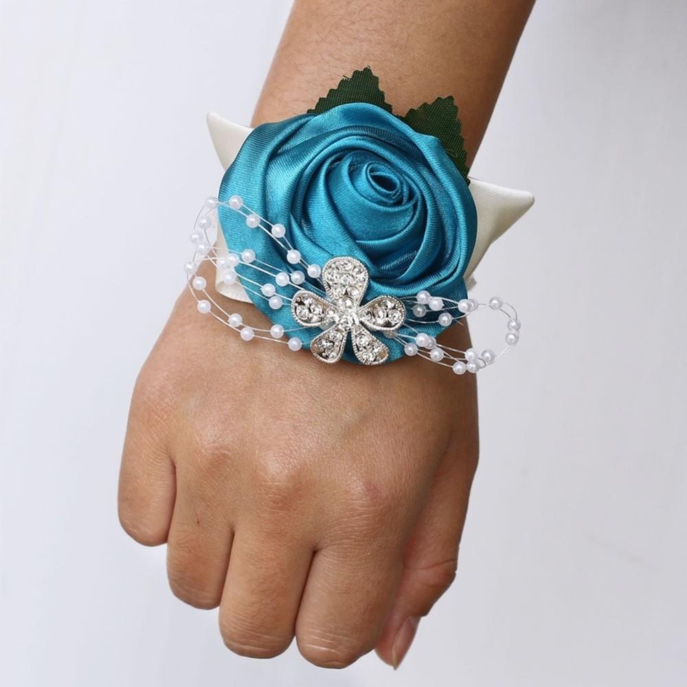 2pcs Pearl Rhinestone Wrist Corsage Rose Red Bridal Wrist Flower Hand Flower For Bridal Party