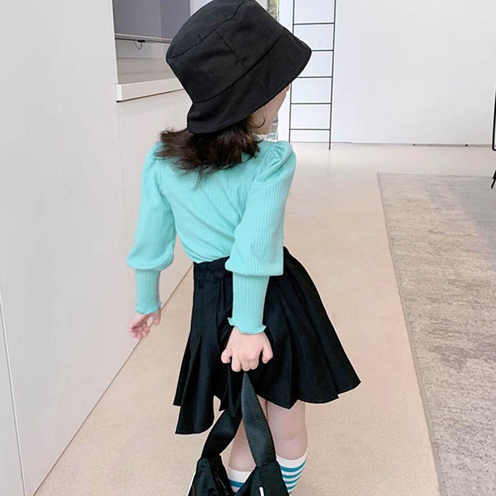 Candy Color Fashion Baby Girls Rib Long Puff Sleeve Irregular Lovely O Neck Spring Autumn Knitted Sweater