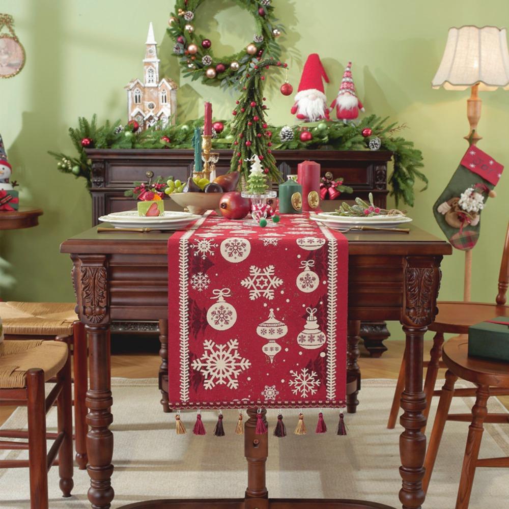 Christmas Jacquard Table Runner Red Snowflake Santa Hat Fringe Decorative Cover for Dresser TV Stand