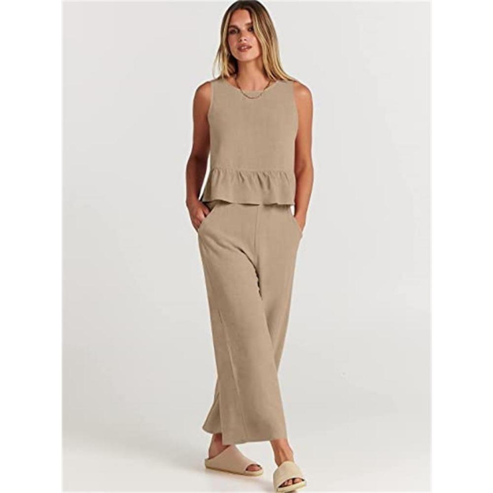 IHUASU Summer Women's Sleeveless Pleated Vest Wide Leg Nine-point Pants Casual Suit