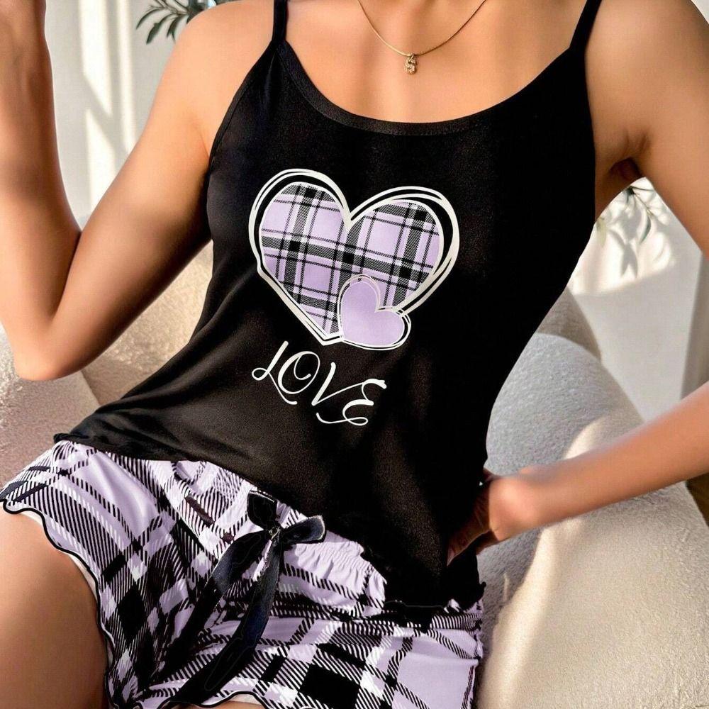 Homewear Two Piece Nightwear Love Heart Cami Shorts Pajamas Kawaii Women's Pajamas Set  Women
