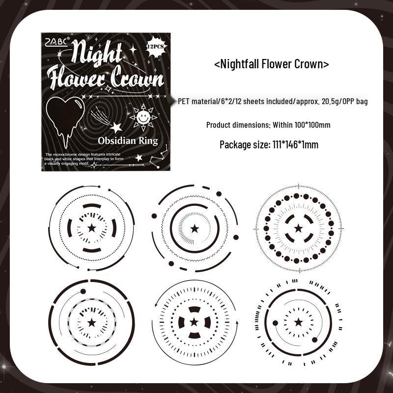 ZABC Obsidian Ring Series: 12 Sheets Circular PET Journaling Stickers.