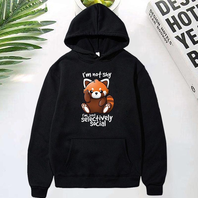 (Premium Hoodies)Panda I'M Not Shy I'M Just Selectively Social Printed Hoodies Women Fleece Long Sleeves Funny Pullover