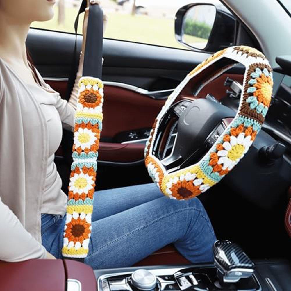 3PCS Cute Crochet Steering Wheel Covers Boho For Women Sunflower Seat Belt Pads Car Steering Wheel Covers