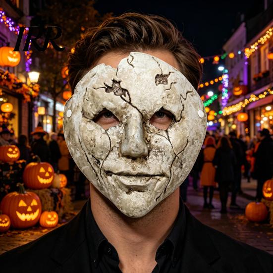 Masque d'Horreur Style Rétro Ancien Masque de Visage Fissuré pour Halloween, Mousse Respirante Légère Trous pour les Yeux Sinistres avec Sangle Réglable Accessoires Effrayants, pour