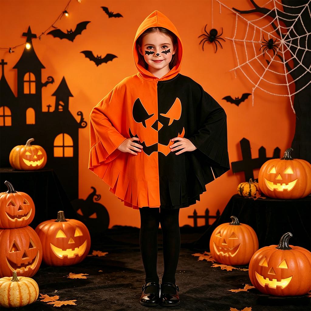 Kids Halloween Hooded Cape Costume Pumpkin Bat Pattern Cloak Lightweight Soft Fabric Spooky Design for Boys Girls Party Dress Up