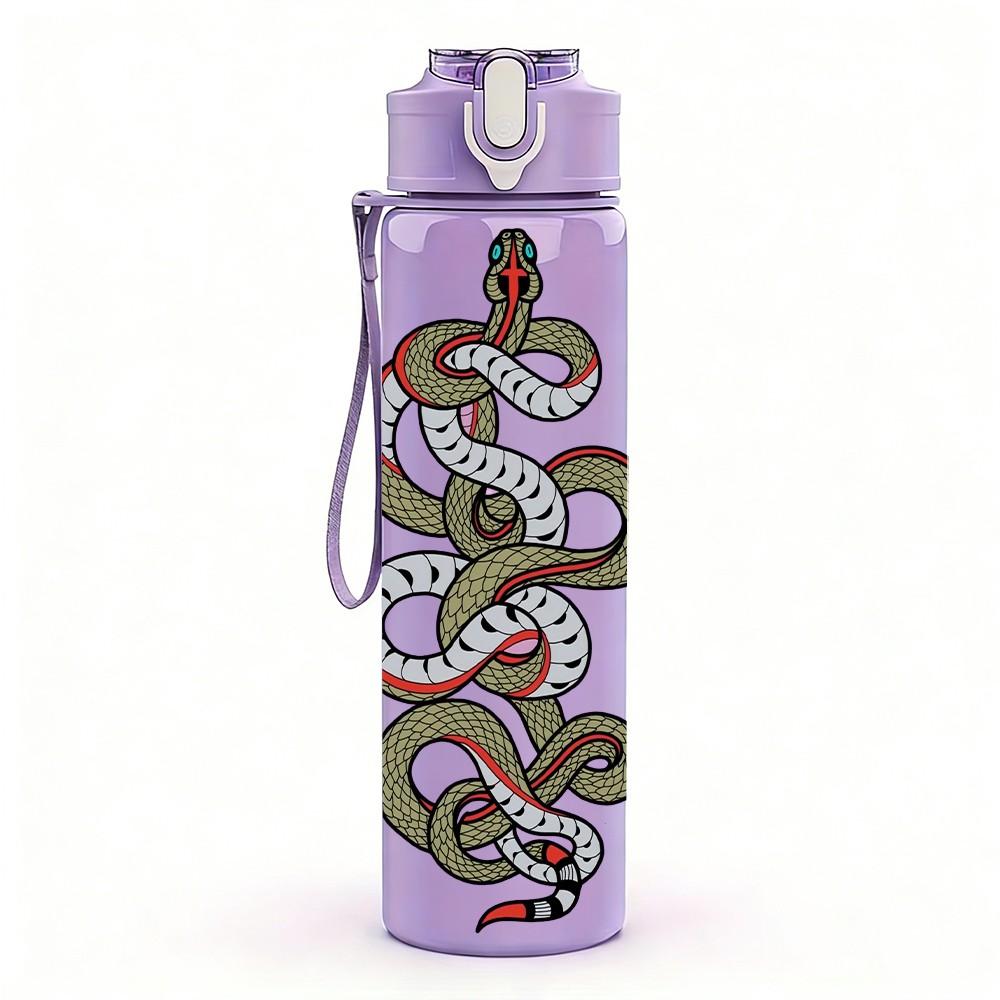 1PC Coiled Snake Reptile Pattern 750ml Color Plastic Sports Water Bottle Leakproof Flip Straw Lid Suitable for Sports Office Home Use