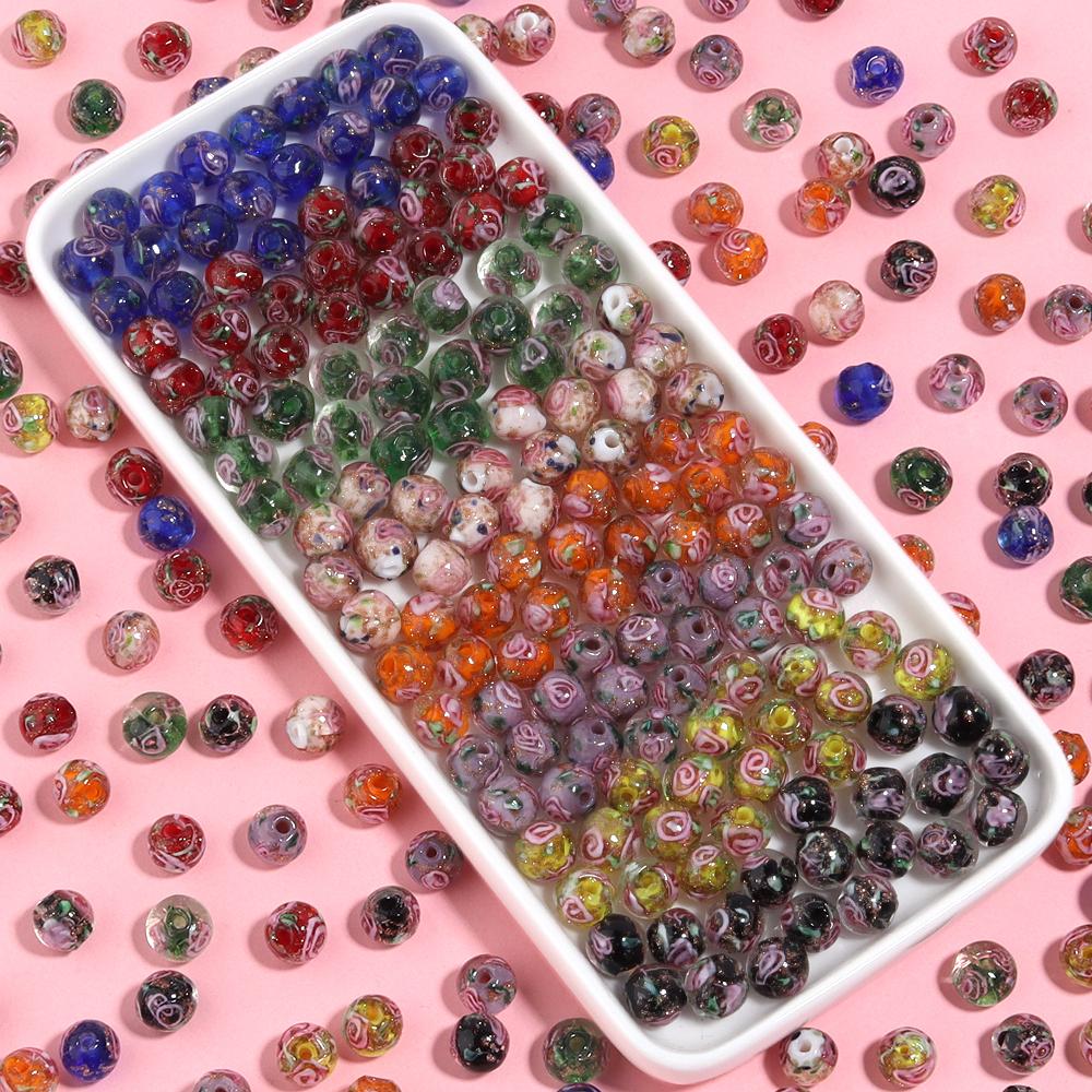 10Pcs 8mm Lampwork Transparent Flower Beads Glass Loose Round Beads For Handmade Women Bracelet Making DIY Jewelry Supplies