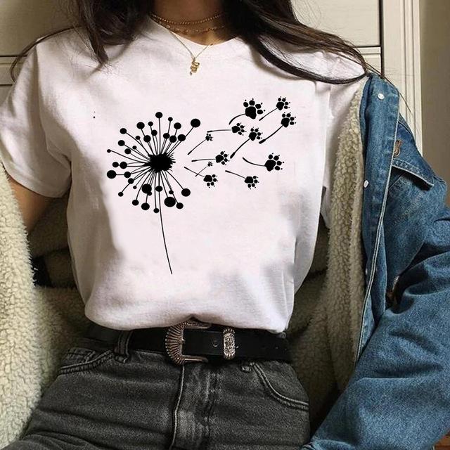 Fashion Cute Dandelion Heart Graphic Women T-Shirt 90S Harajuku Summer Shirts Short Sleeve Loose White Blouse O-Neck Female Tops