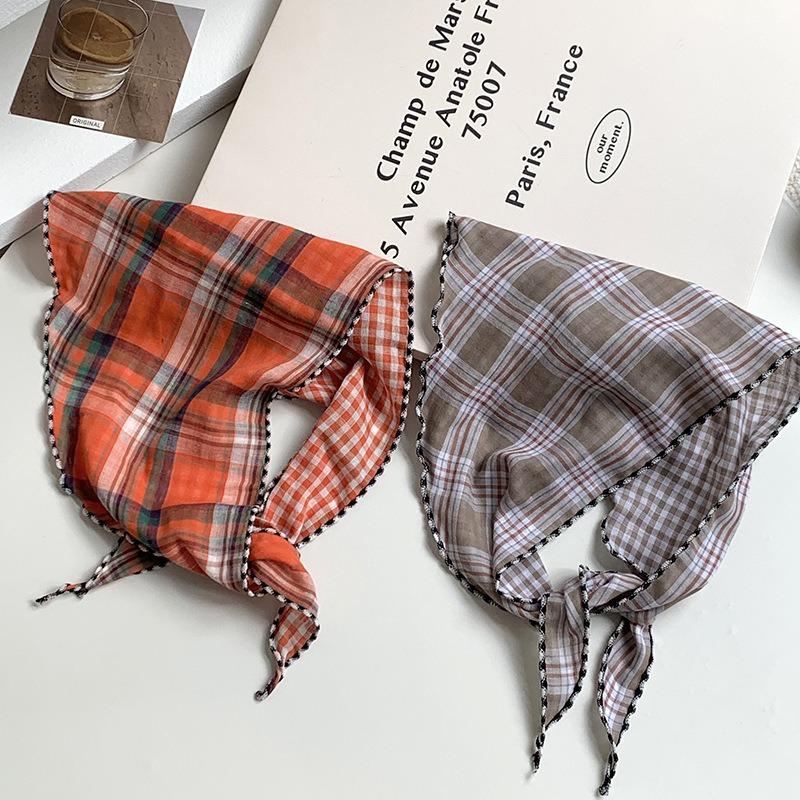 Headscarf women's idyllic summer new clear plaid triangle scarf scarf women's knitted headband silk scarf