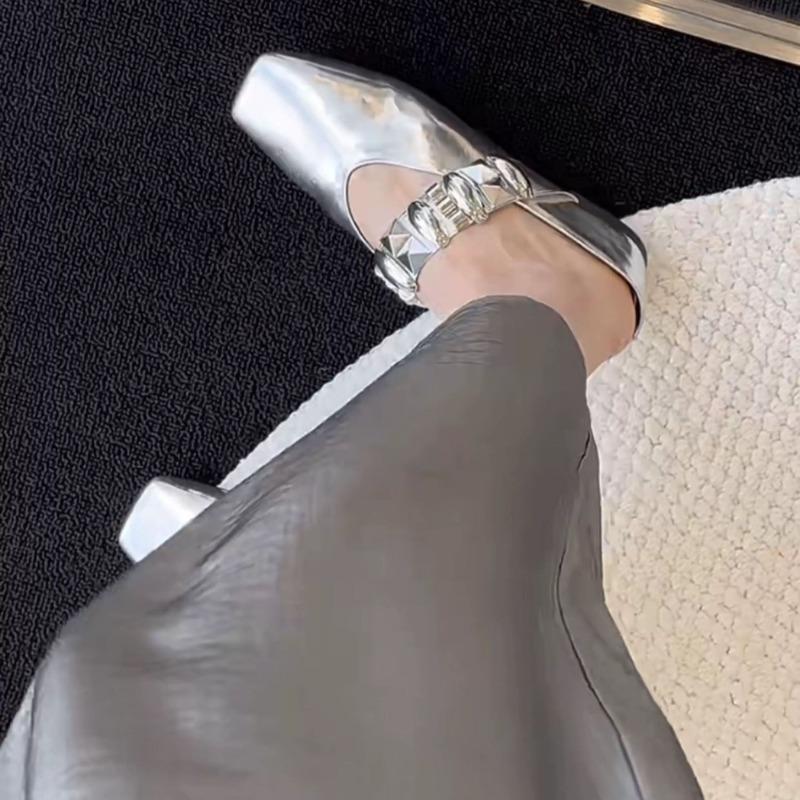 Fashion Wedge Cool Mopping Summer New Square-toe Shallow-mouth Metal Buckle One-band Non-slip Wear-resistant Kitten Heel Shoes