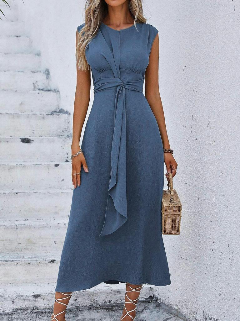 Women's Sleeveless Waist-Hugging Long Dress - Summer/Autumn, Elegant European & American Style, Slimming Fit