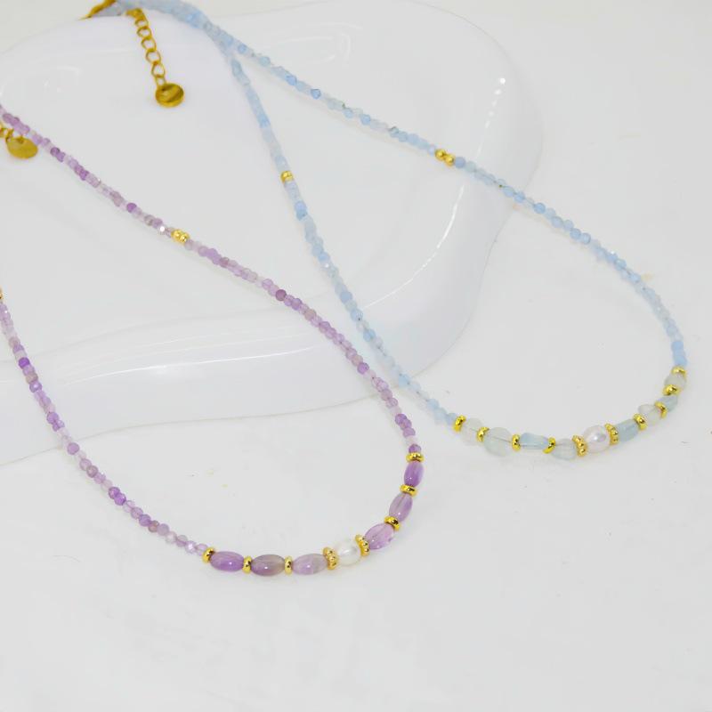 Frühlings-/Sommer-Süßwasserperlen- & Aquamarin-Kristall-Amethyst-Halskette - Perfekt für Studenten & beste Freunde