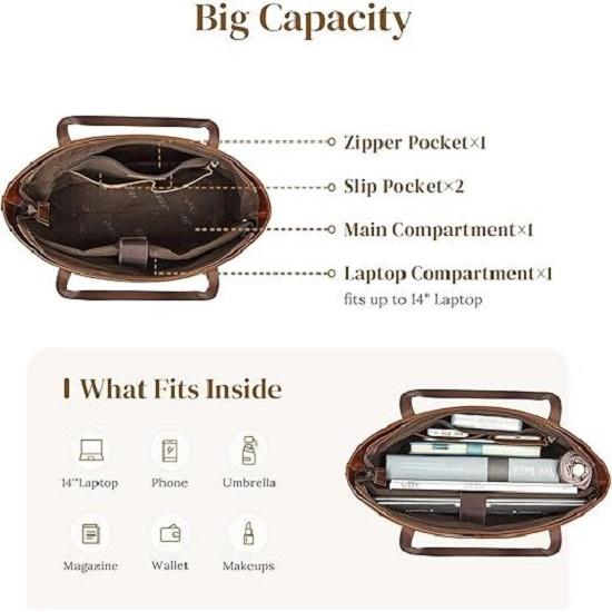 Genuine Leather Tote Bag for Women Work Shoulder Crossbody Purses Handbag with Outside Pockets