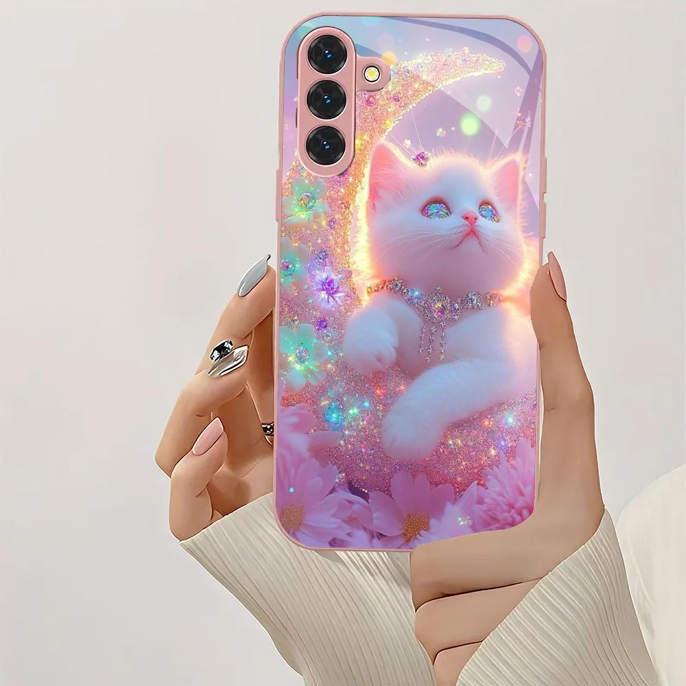 Cute cat pattern glass phone case suitable for Samsung Galaxy S26 S25 S24 S23 S22 S20 FE/Ultra/Plus shockproof back cover