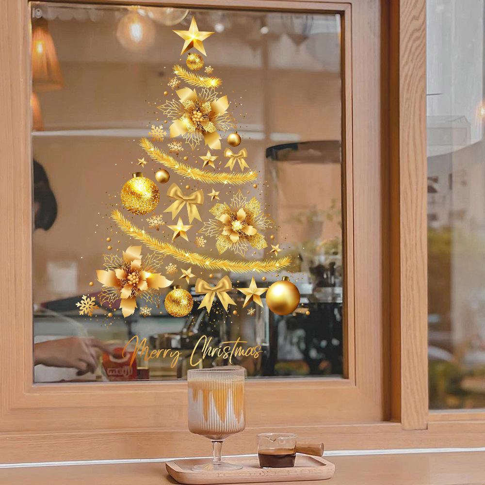Christmas, Balloon Pattern, Gold, Christmas Tree Glass Sticker, Festive Atmosphere Decoration, Glue Free, Electrostatic Sticker, Party Decoration