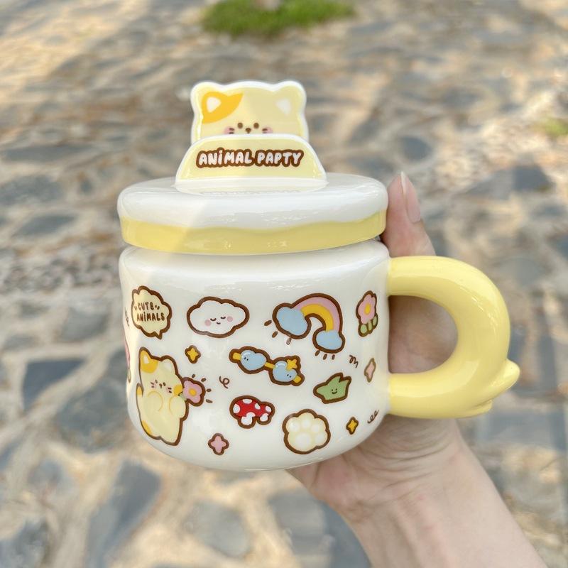 Mobile Phone Holder Mug With Lid Cartoon Animal Water Cup Gift Box Cute High-Value Household Drinking Water Ceramic Cup