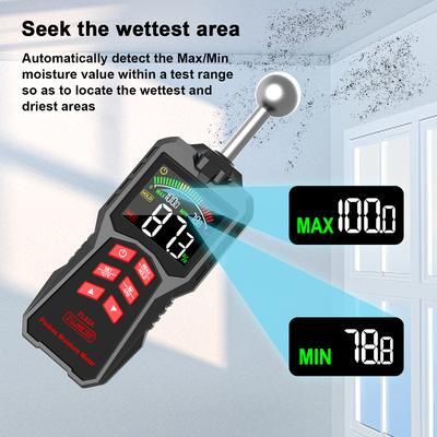 Pinless Moisture Meter with Ball Probe & Color LCD, 0~100% RH Range, Alarm Function for Wood/Walls/Concrete/Masonry/Gypsum