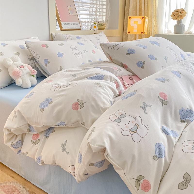 Small Fresh Mattress Quilt Cover Class A Maternal And Infant Grade Cartoon Dormitory Bed Sheet Three-Piece Set Super Soft Washed Cotton 4Pcs Set