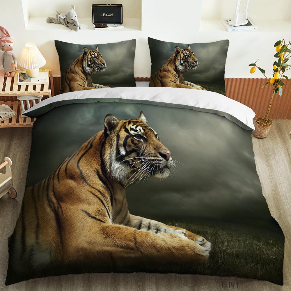 Tiger Lion Leopard Duvet Cover Set Animal Theme 3D Bedding Set King Queen Size For Kids Boy Girl Teens Polyester Comforter Cover