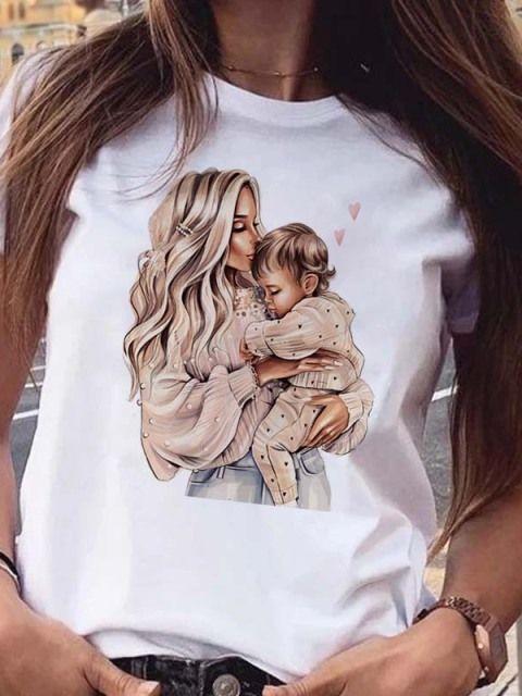 Women T Shirt Cartoon Mom Daughter Son Print Lady Tshirts Short Sleeve Tops Womens Kawaii Graphic Female Tshirt Clothe