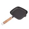 Cast Iron Skillet with Wooden Handle Square Uncoated Nonstick Cast Iron Grill Pan for Meats Steak Fish