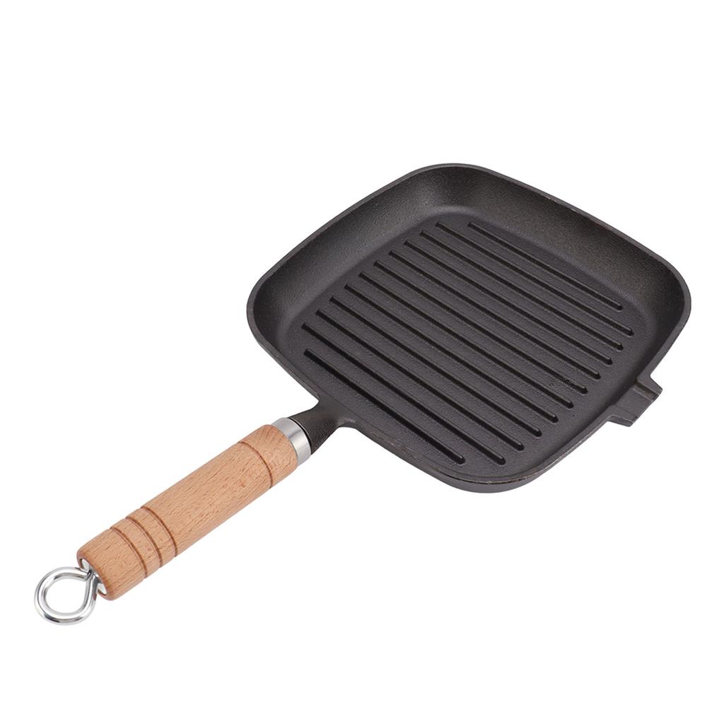 Cast Iron Skillet with Wooden Handle Square Uncoated Nonstick Cast Iron Grill Pan for Meats Steak Fish