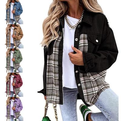 Women's Long Sleeve Jacket Denim Jacket Plaid Button Down Shirt Jacket Top