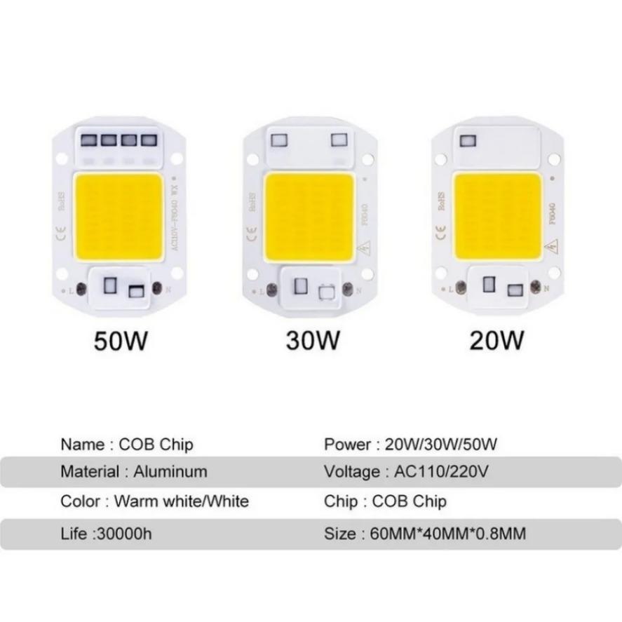 LED COB Chip 20W 30W 50W 220V IP65 Smart IC No Need Driver DIY Flood Light Led Bulb Spotlight Outdoor Chip Brightest Lamp Bead