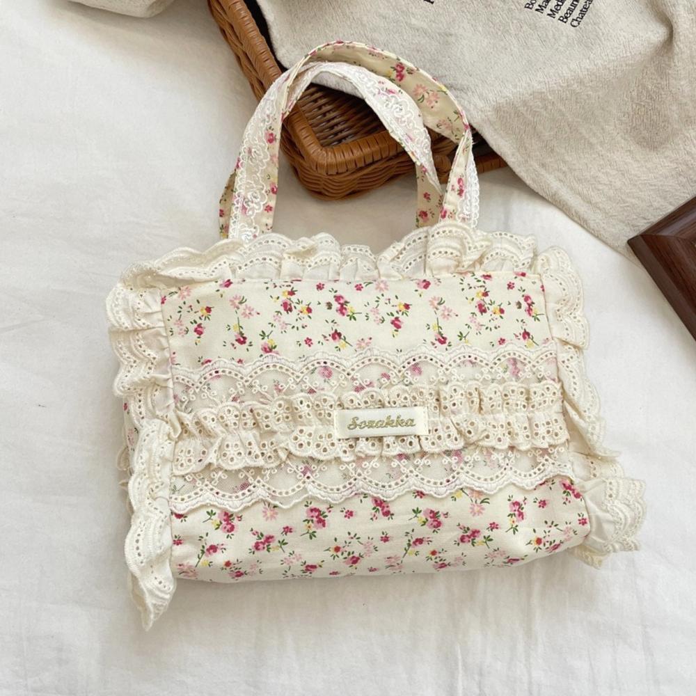 Lace Retro Flower Women's Canvas Shoulder Bags Vintage Floral Female Small Tote Bento Handbags Sweet College Girls Shopper Bag