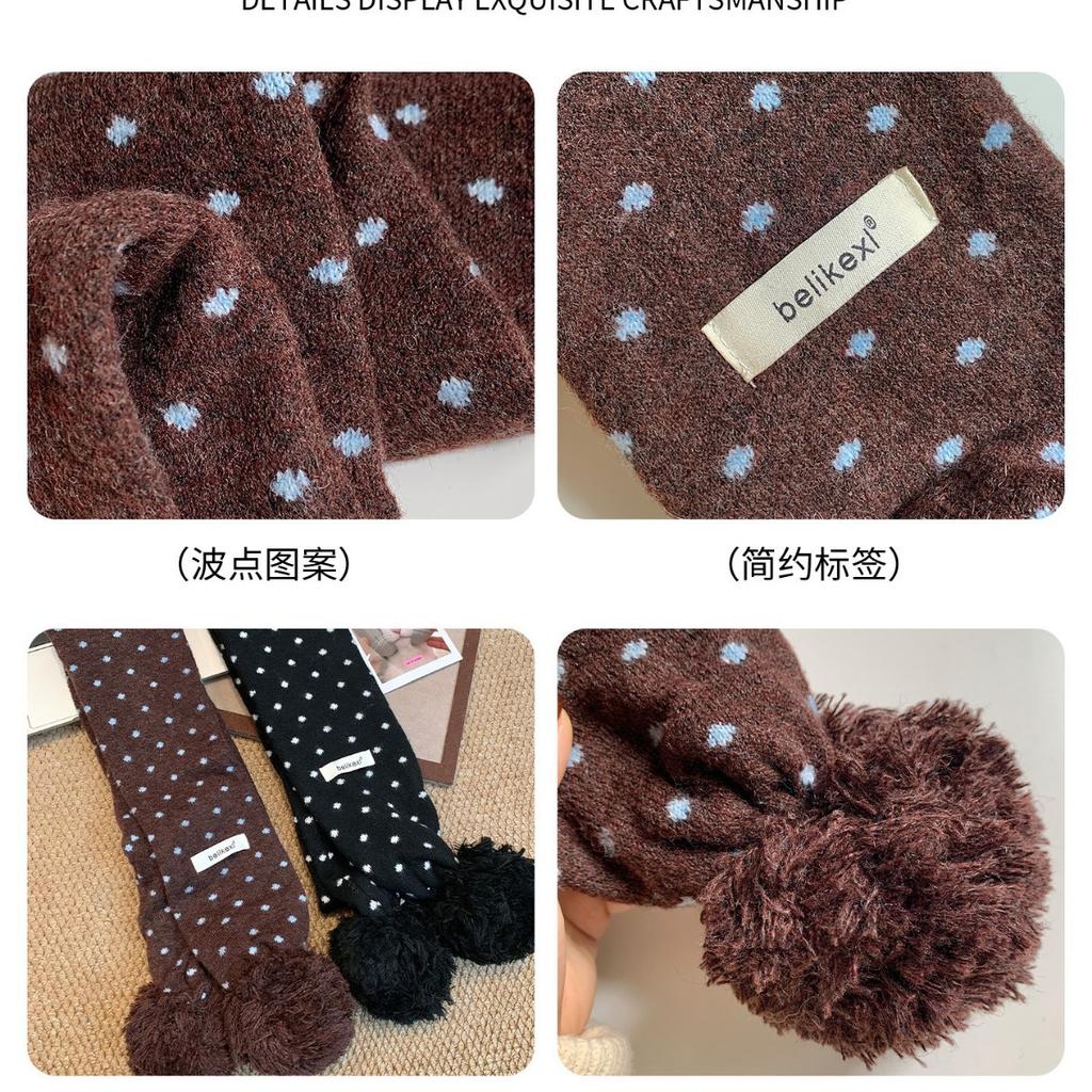Japanese Soft Waxy Coffee Color Polka Dot Double-layer Hanging Ball Knitted Scarf Women's Autumn and Winter Warm Atmosphere Korean Versatile Scarf