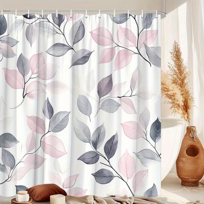 1pc Pastel Leaves Shower Curtain - Pink, Lavender, Grey & White Botanical Design with 12 Hooks, 70.8x70.8 Inch, Modern Bathroom