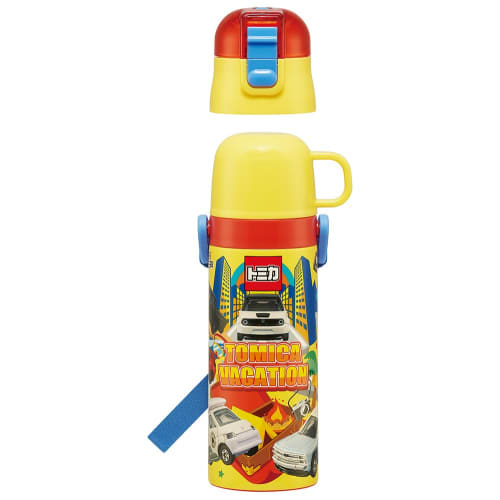 Skater Kids' Stainless Steel Water Bottle, 2-Way Design, 470ml (Direct Drinking) or 430ml (Cup Drinking), Tomica 24 Design, Kid-Friendly and Lightweig