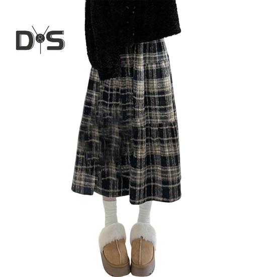 

Юбка шерстяная с высокой талией, женская клетчатая юбка с оборками и строчкой, юбка-трапеция, осенне-зимняя шерстяная юбка на каждый день M темно-синий