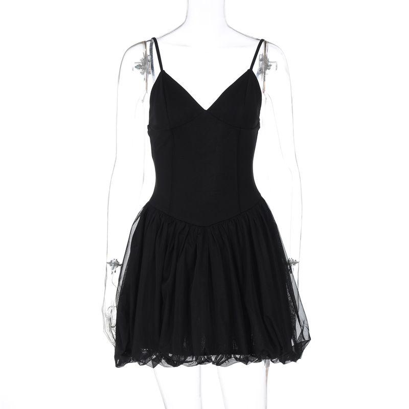 Shemoda Elegant Sexy Deep V Neck High Waist Silm Mesh Splicing Sling Dress Princess Puff Short Skirt