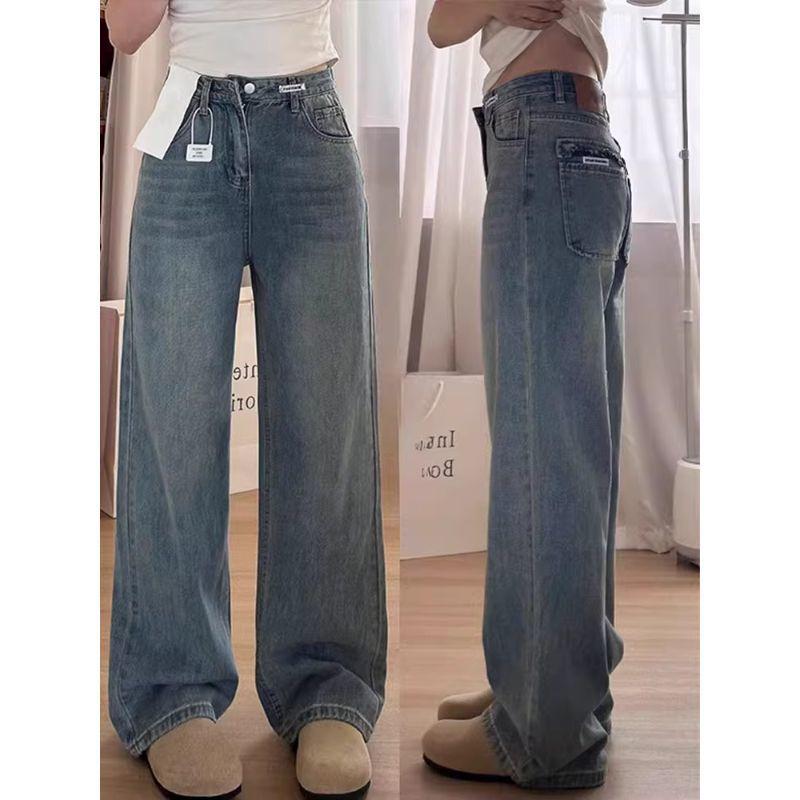 Women's Retro Blue Plus Size Wide-Leg Jeans - Autumn Slimming Fit for Pear Shapes