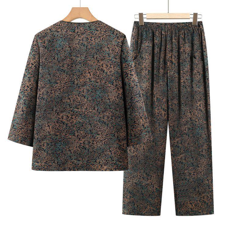 

Spring & Autumn Plus Size Cotton Linen Retro Two-Piece Set for Middle-Aged Women: Long Sleeve Top & Pants 2XL синій