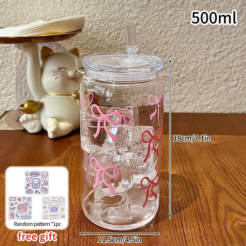 500ml/16oz Cute Bow Glass Cup Tumbler Summer Water Bottle Bow With Lids Straw Coffee Cups for Bubble Tea Iced Coffee Juice Cup
