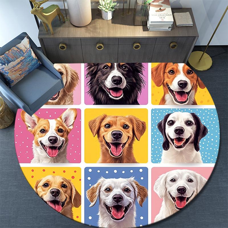 Happy Dog Round Area Rug,Carpet Rug for Living Room Bedroom Sofa Playroom Decor,Non-slip Floor Mat