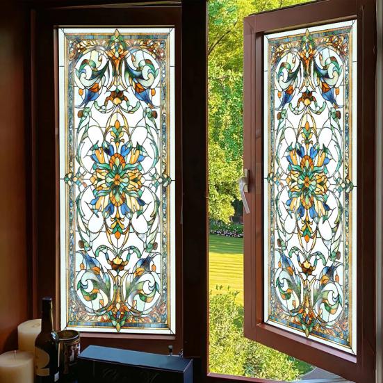 Yousheng Privacy Window Film Vintage Stained Glass Style Static Window Cling Decorative Glass Sticker for Cabinet Bathroom Kitchen Door Panel