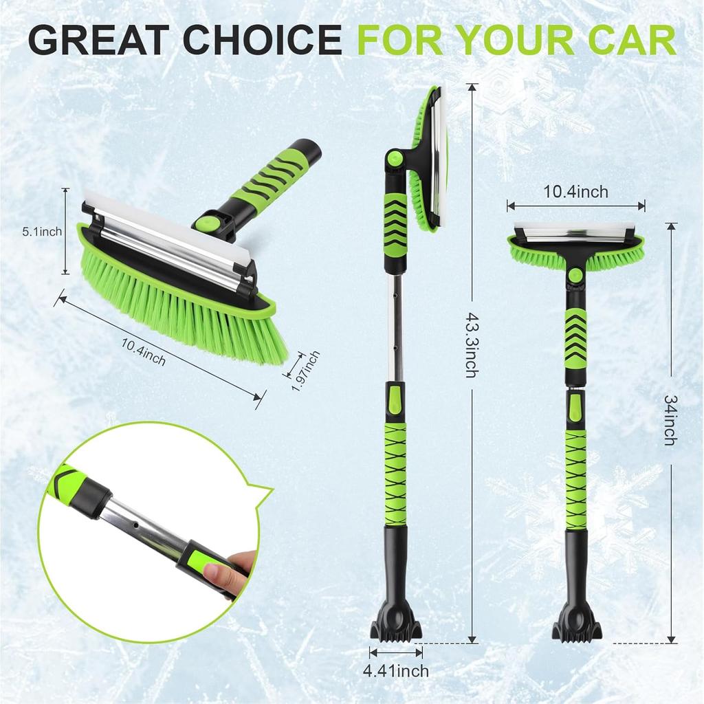 Yougfin 43" Ice Scraper For Car Windshield, Snow Brush With Squeegee, 3 In 1 Snow Removal For Cars With Foam Grip And 180° Pivoting Brush Head For