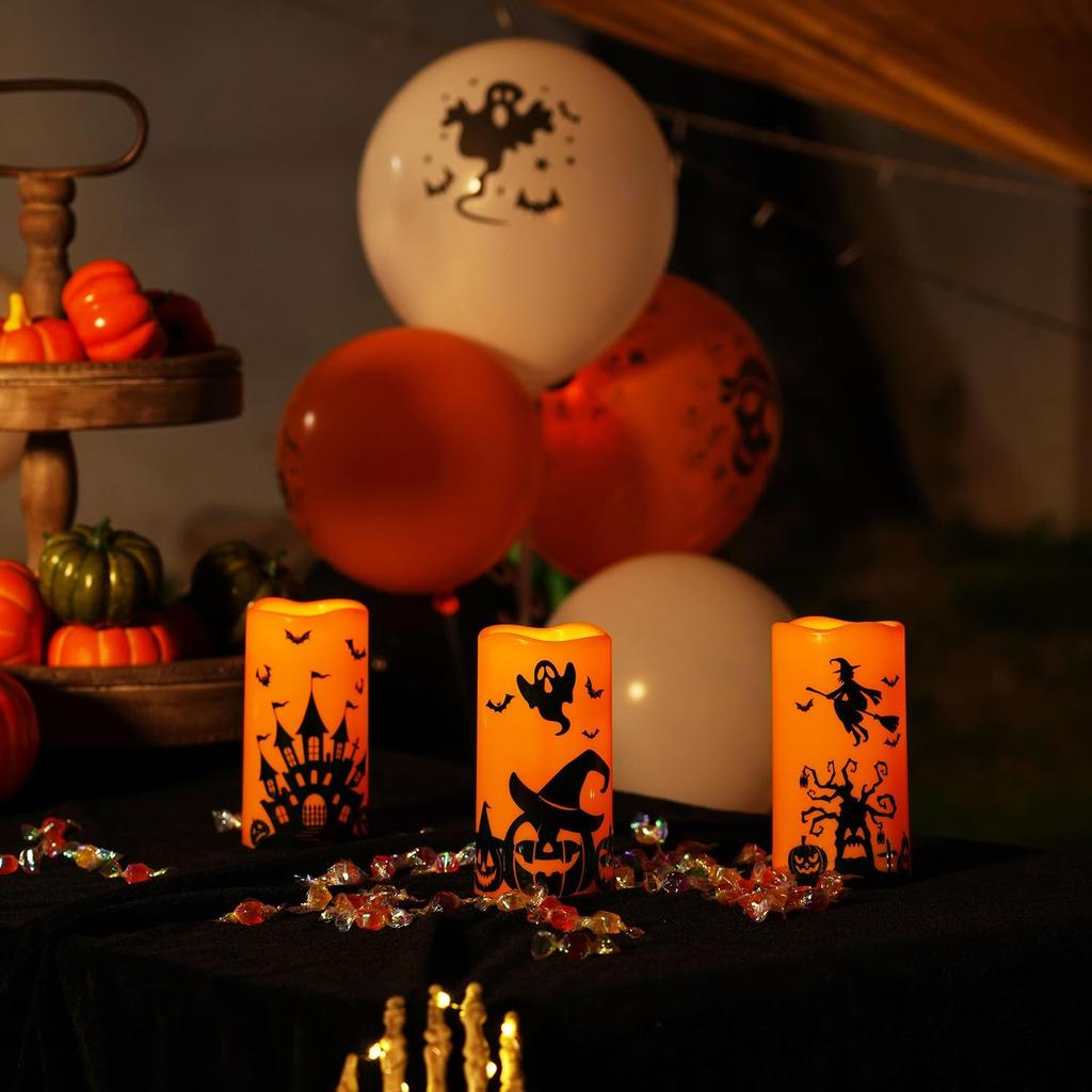 Halloween Candles, Orange Flameless Candles, Battery Operated LED Pillar Candles with Remote Timers Set of 3