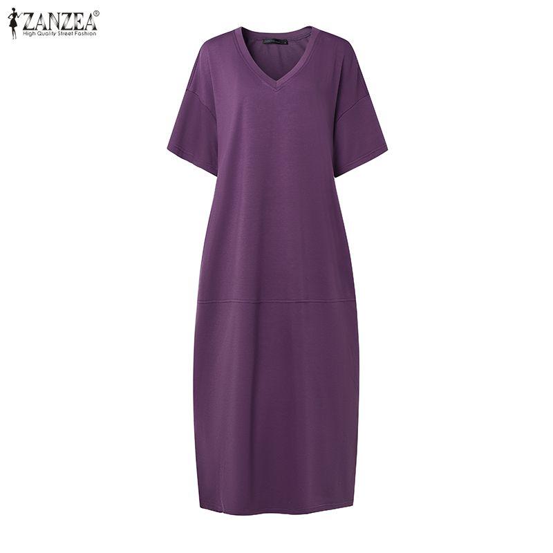 ZANZEA Women Casual V-Neck Loose Half Sleeve Long Dress