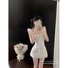 French Lace-up Square Neck Small Flying Sleeve Dress Women's Summer Gentle White Short Skirt, Thin Waist Skirt